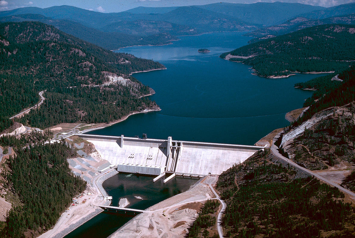 Image shows a view of Libby Dam and Lake Koocanusa