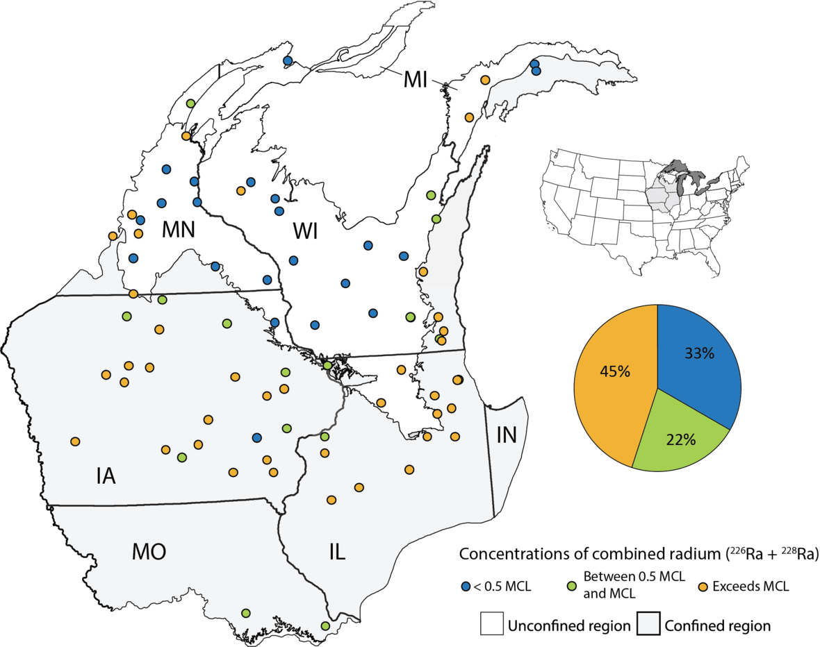 Map showing where in the Cambrian-Ordovician aquifer groundwater was tested for radium and where levels were high