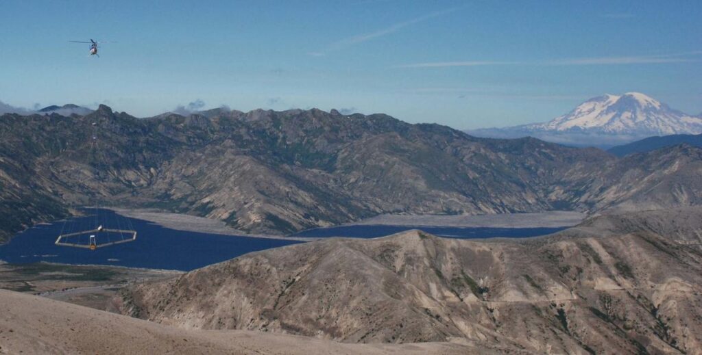 SkyTEM electromagnetic and magnetic survey flying over Spirit Lake, near Mt. St. Helens, Washington