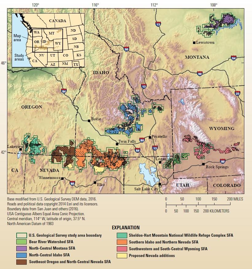 Image shows a map illustration with sagebrush focal areas marked in different colors